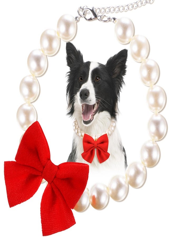 LEIFIDE Chunky Pearl Dog Necklace with Red Bow 20mm Large Bead Big Pearl Puppy Collar Necklace Adjustable Jewelry Accessories for Medium Large Dog Outfit Gift for Christmas(Red,14 Inch Long) - Image 1